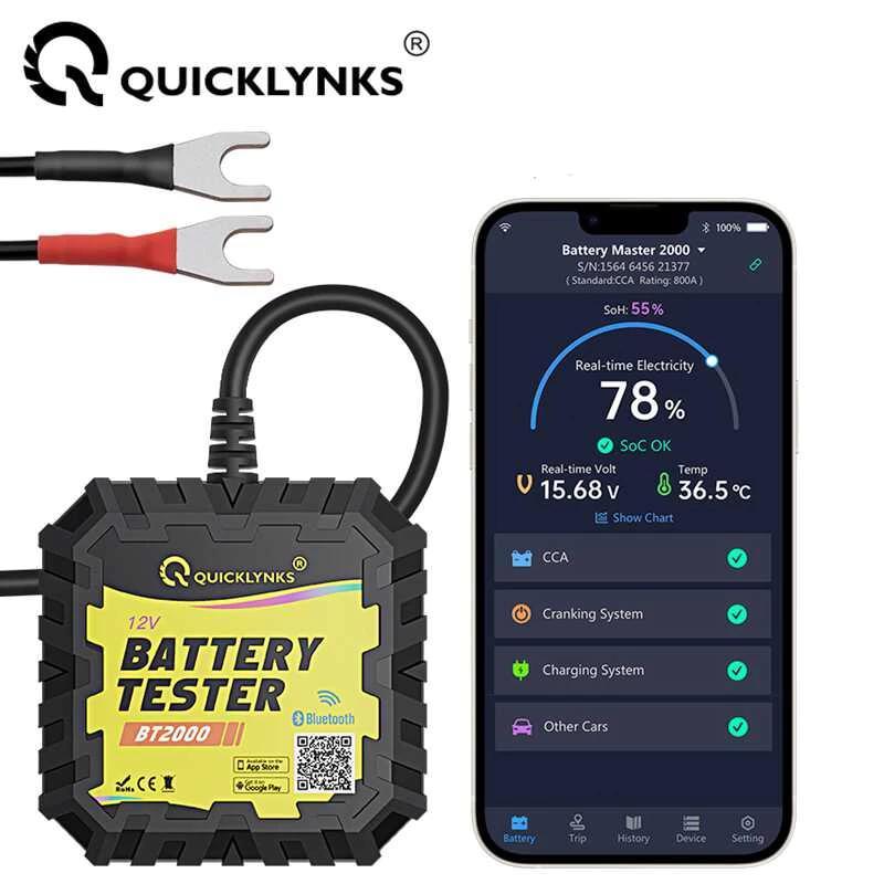 Quicklynks BT2000 Bluetooth 12V Màn hình kiểm tra pin & kiểm tra sạc 100-2000 CCA Te