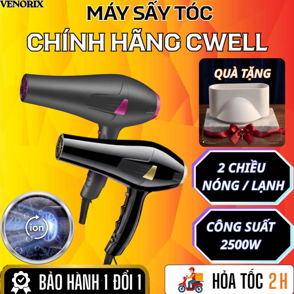 Máy sấy tóc công suất lớn CWELL C06HD - Sấy khô nhanh, Chống hư tổn tóc, 2 chế độ nóng lạnh - TẶNG Đ