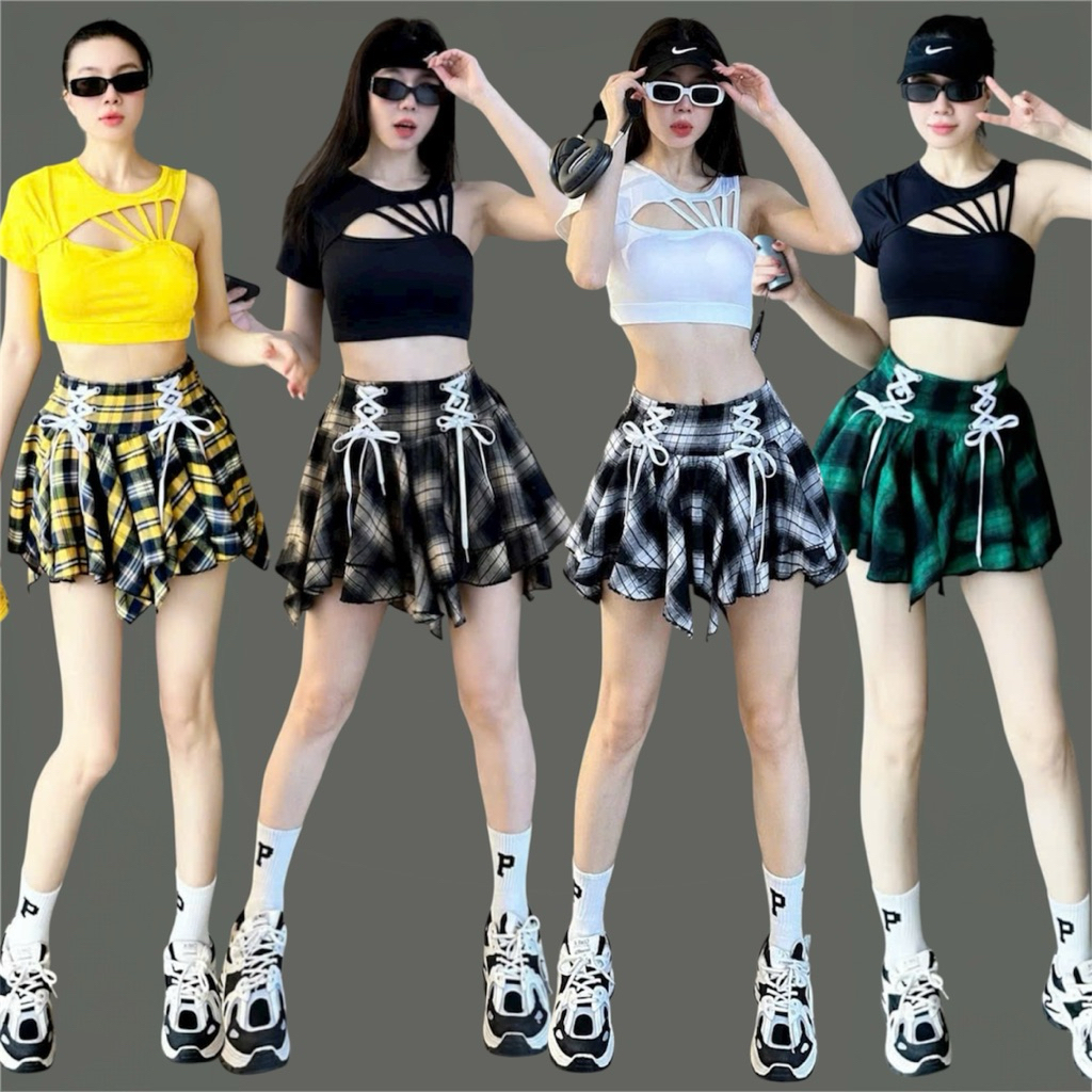BỘ VÁY TẬP NỮ CÓ BÁN RỜI, áo bra lệch vai, váy kẻ có quần bảo hộ, tập zumba, aerobic, sport