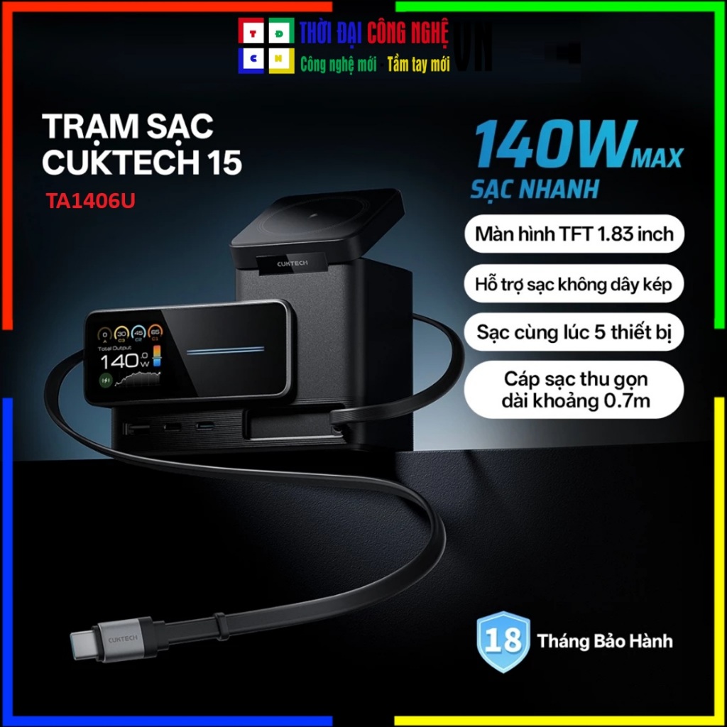 Trạm Sạc Để Bàn Cuktech 15 TA1406U GaN 140W - 6-in-1, Màn Hình TFT 1.83", Cáp Rút Type-C - Bảo Hành 