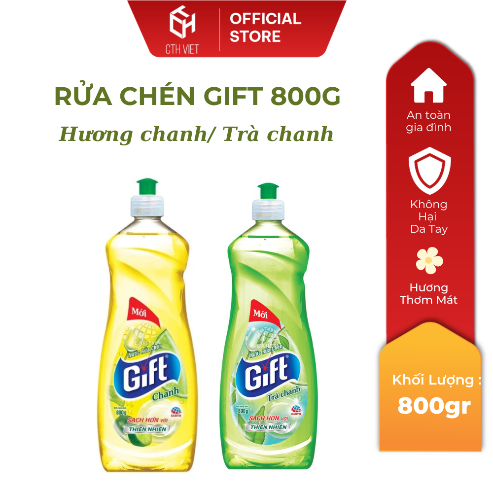[1 Chai] Nước Rửa Chén Gift Chai 800ml Khử Mùi Tanh Khó Chịu – Hương Chanh/Trà Chanh