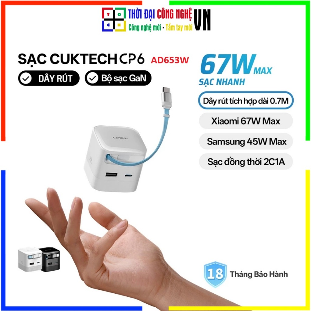 Củ Sạc Nhanh CUKTECH AD653W 67W Mini Siêu Gọn - Kèm Cáp Rút Thu Gọn Tiện Lợi - Bảo Hành 18 Tháng - T