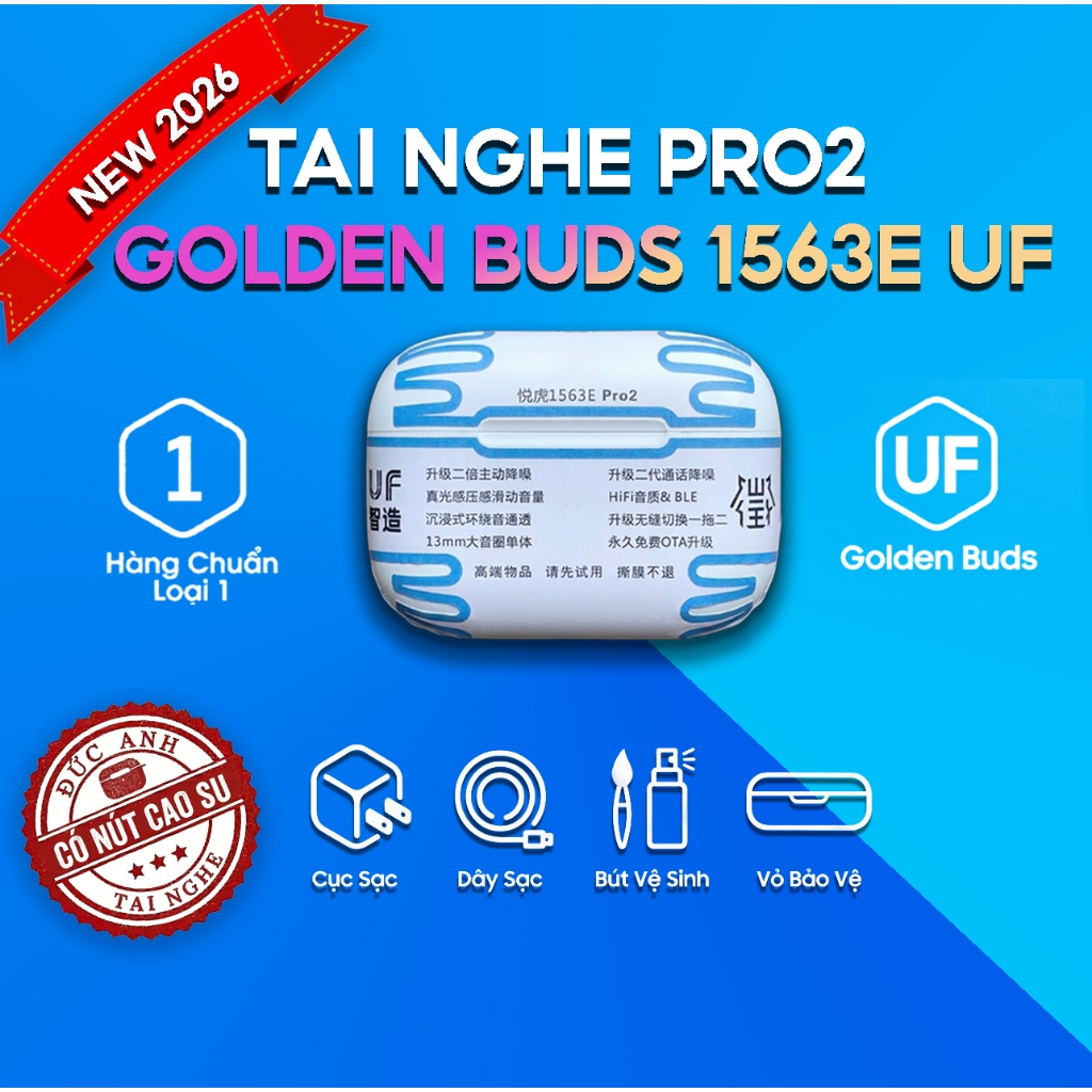 Tai Nghe Hổ Vằn Pro2 1563E GOLDEN BUDS UF 2026, Chống Ồn Chủ Động 40ĐB, Cảm Biến Hồng Ngoại, Cảm Ứng