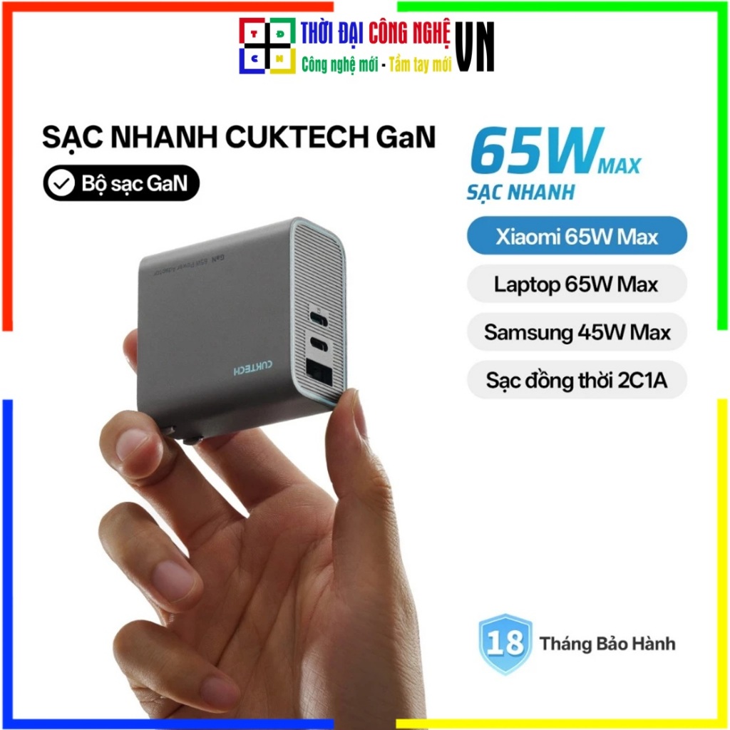 Củ Sạc Nhanh GaN 65W CUKTECH AD653N 3 Cổng (2C1A) - Chân Gập Gọn - Bảo Hành 18 Tháng - THỜI ĐẠI CÔNG