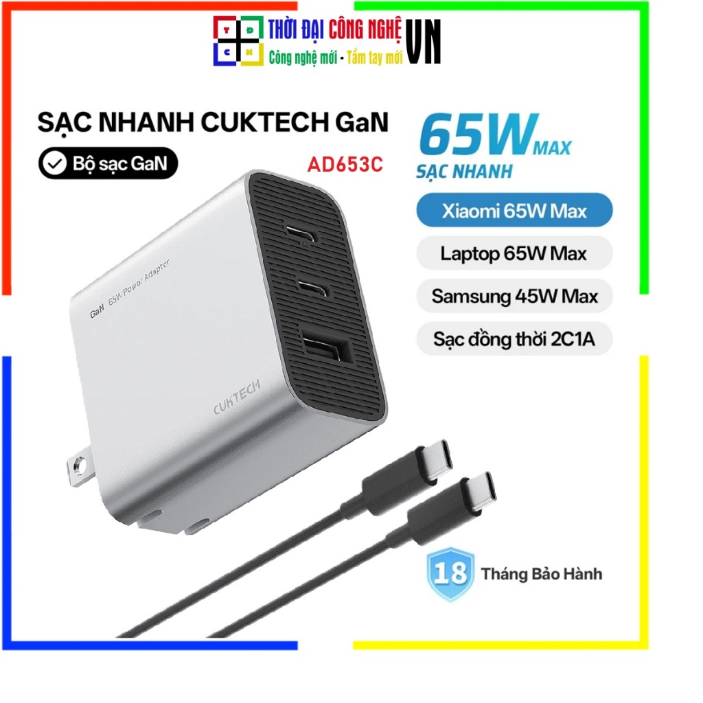Củ Sạc Nhanh GaN 65W CUKTECH AD653C 3 Cổng (2C1A) - Sạc Laptop Điện Thoại Siêu Nhỏ - Bảo Hành 18 Thá
