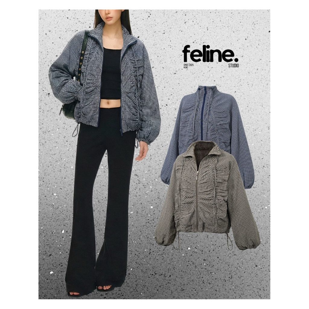[FELINE STUDIO] Áo Khoác Dây Rút Hoạ Tiết Caro Phối Màu Nâu và Xanh Đen - FL LITTLE PLAID JACKET