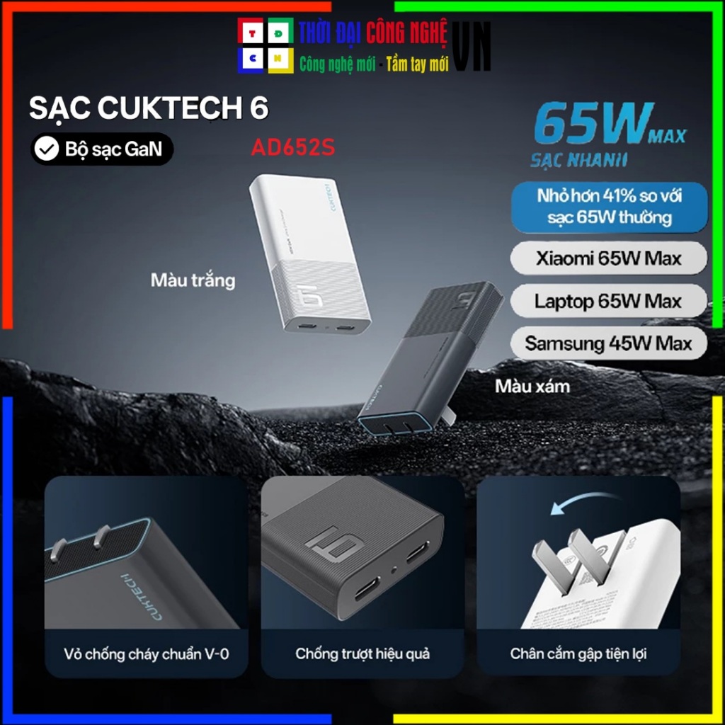 Củ Sạc Nhanh GaN 65W CUKTECH AD653C 3 Cổng (2C1A) - Sạc Laptop Điện Thoại Siêu Nhỏ - Bảo Hành 18 Thá
