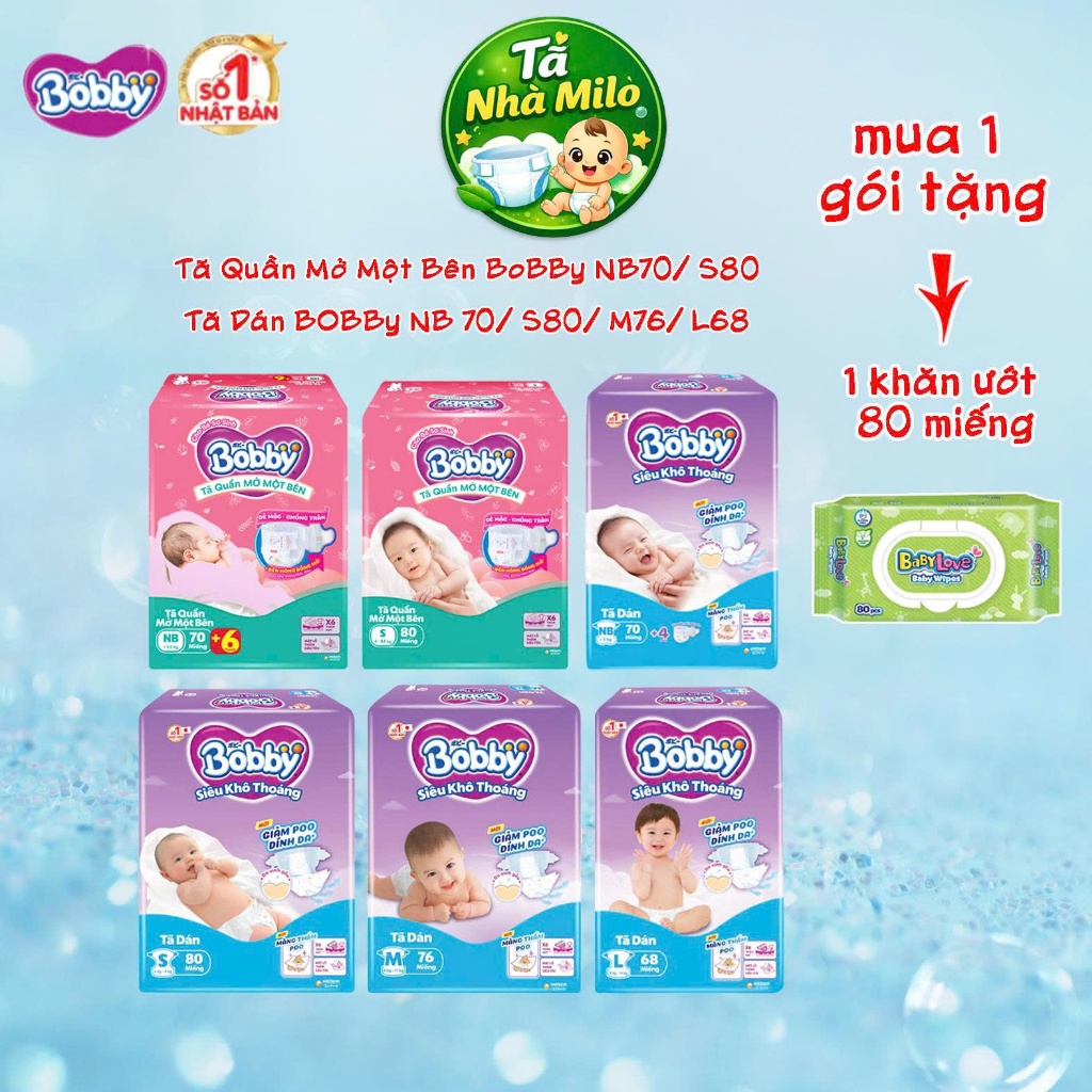 (Tặng khăn ướt 80m) Tã quần mở một bên Bobby NB70+6/ S80 miếng / Tã dán sơ sinh NB70+4 / S80/ M76/ L