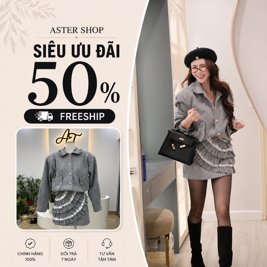 CHUẨN HÃNG MẪU MẶC  Set áo khoác dạ cổ sen viền bèo phối chân váy bèo chéo ASTER SHOP