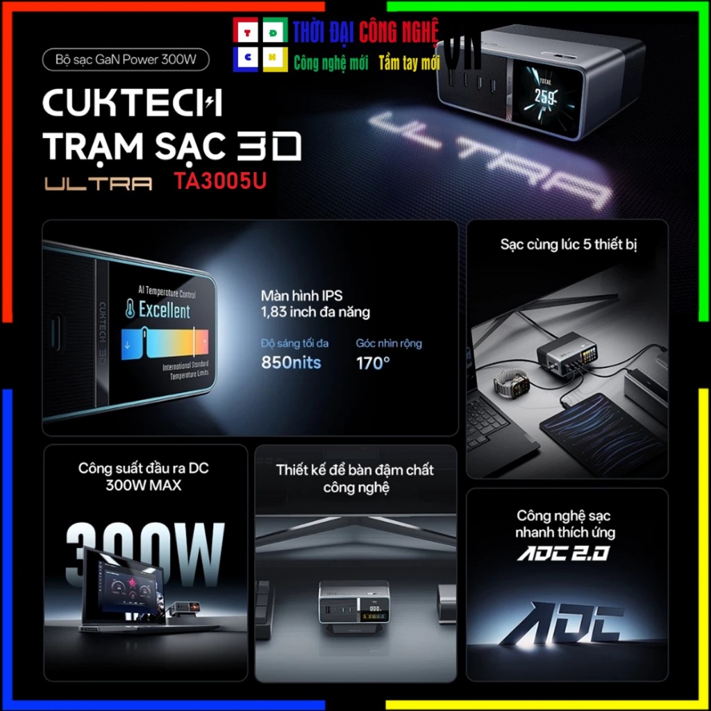 Trạm Sạc Để Bàn 300W CUKTECH 30 Ultra TA3005U 5 Cổng - Sạc Nhanh Laptop Siêu Tốc - BH 18 Tháng - THỜ