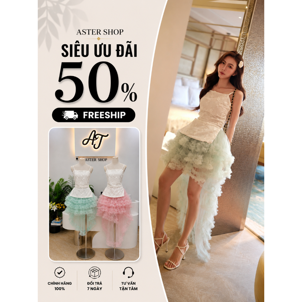 Chuẩn hãng mẫu mặc BAGEO Set áo hai dây xẻ tà chân váy lưới bèo vạt dài - Aster shop
