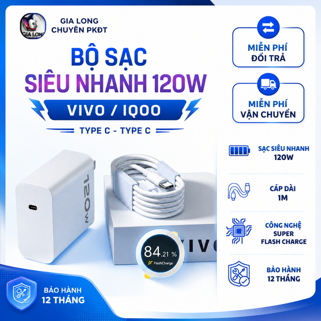 Bộ Sạc Siêu Nhanh 120W VIVO / IQOO Type C ra Type C / BH 12 Tháng