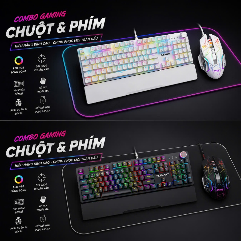 Combo Bàn Phím Cơ Chuột Gaming Có Dây | PKSMART x KU520 PRO RGB + G15 | LED RGB Đổi Màu | Hotswap Sh