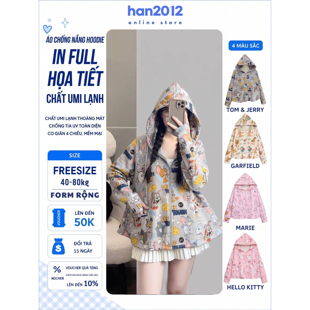Áo khoác chống nắng nữ hoodie form rộng dáng thụng xòe, in hình hoạt hình dễ thương chất Umi lạnh Freesize 40-80kg