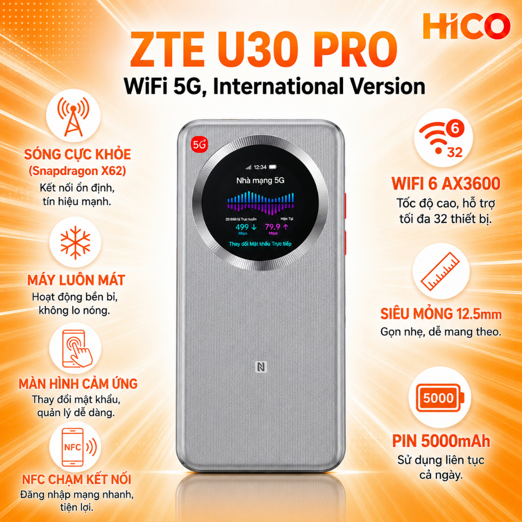 Bộ Phát Wifi 4G 5G ZTE U30 Pro NSA & SA Tốc Độ 867Mbps, Pin 5000mAh, Hõ trợ 2 băng tần