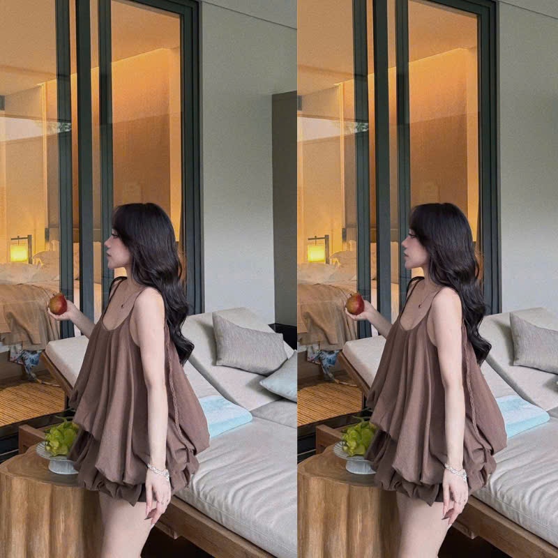 DAY CHIC -Váy hai dây xếp ly tầng phồng màu nâu cá tính