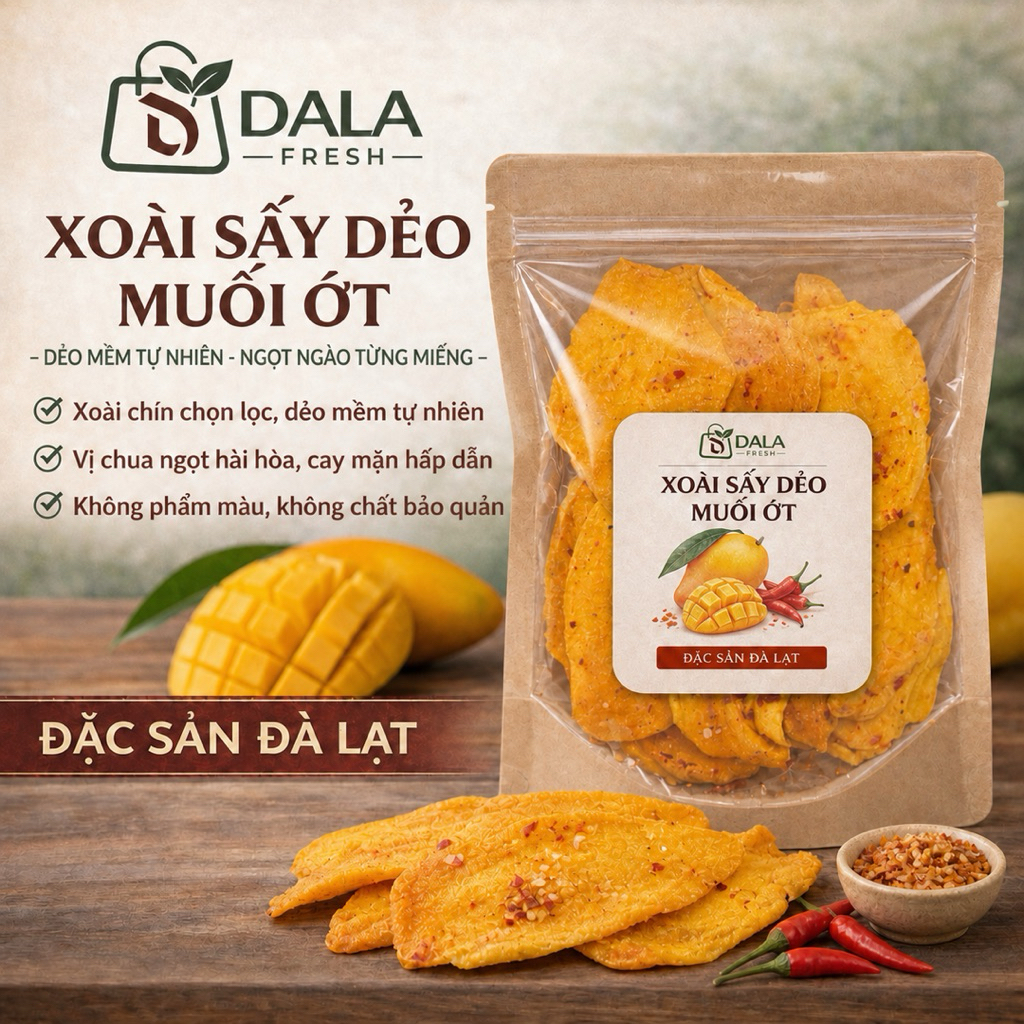Xoài Sấy Dẻo Muối Ớt DL Fresh – Dẻo Mềm Tự Nhiên, Chua Ngọt Cay Nhẹ – Đặc Sản Đà Lạt