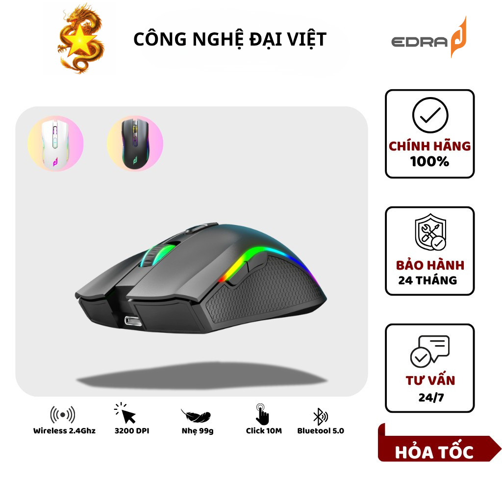 Chuột Gaming Không Dây EM624W 3600DPI Wireless 2.4Ghz + Bluetooth 5.0 - Chính Hãng Bảo Hành 2 Năm