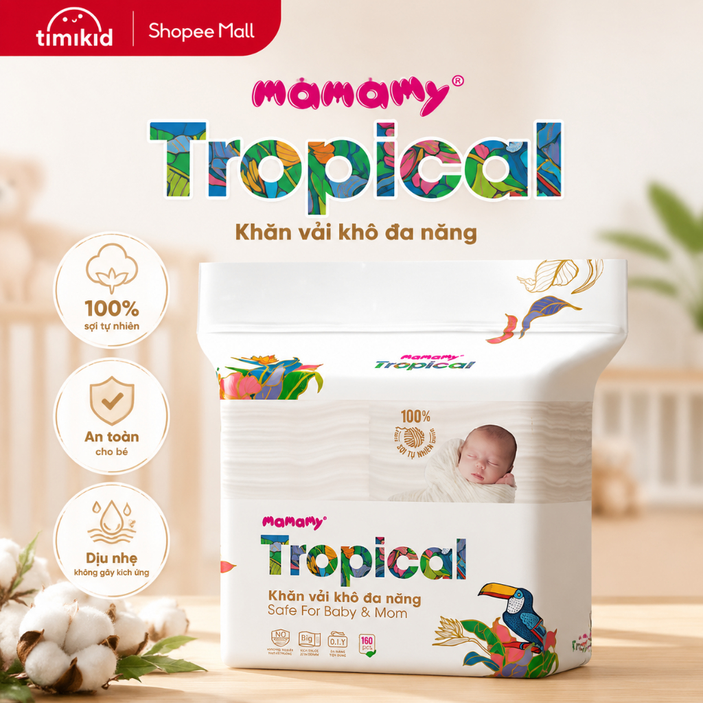 Khăn vải khô đa năng Mamamy Tropical cao cấp dùng thay khăn sữa, an toàn cho bé 180 tờ/hộp