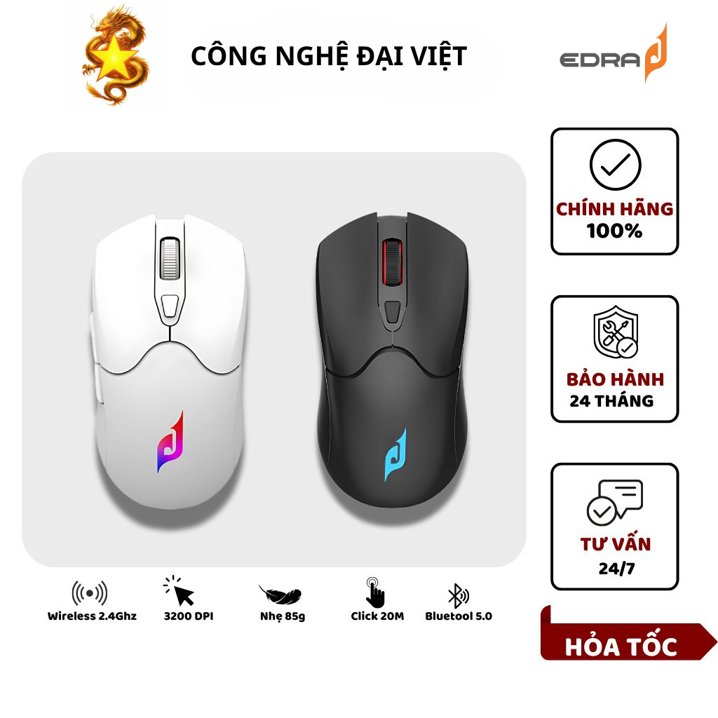 Chuột Không Dây EDRA EM623w / Chuột Gaming Pin 400mAh (Wireless 2.4Ghz + Bluetooth) - Bảo Hành 2 Năm