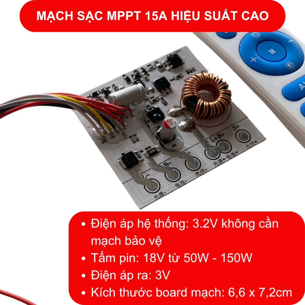 Mạch điều khiển sạc đèn năng lượng MPPT 15A 3.2V hiệu suất sạc cao tấm pin 18V
