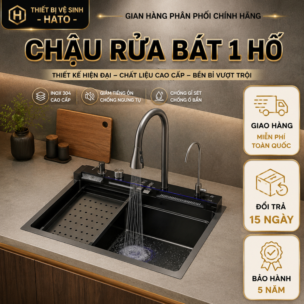 Chậu Rửa Bát 1 Hố Phím Đàn Hato Vân Kim Cương Chống Xước, Bồn Rửa Chén 1 Ngăn Lớn Kèm Vòi Rửa, Chậu 
