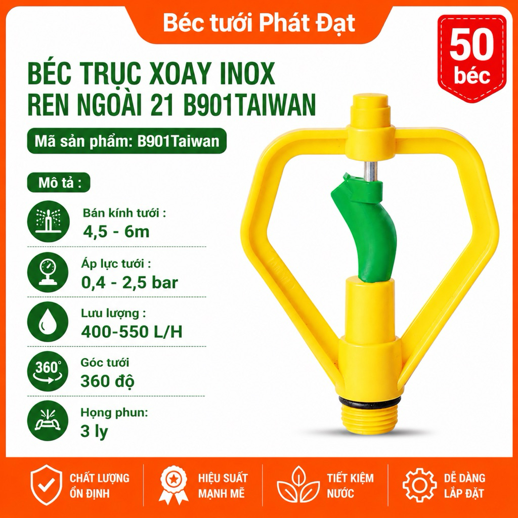 50 Béc 🌱 BÉC TRỤC XOAY INOX REN NGOÀI 21 B901 TAIWAN 🌱