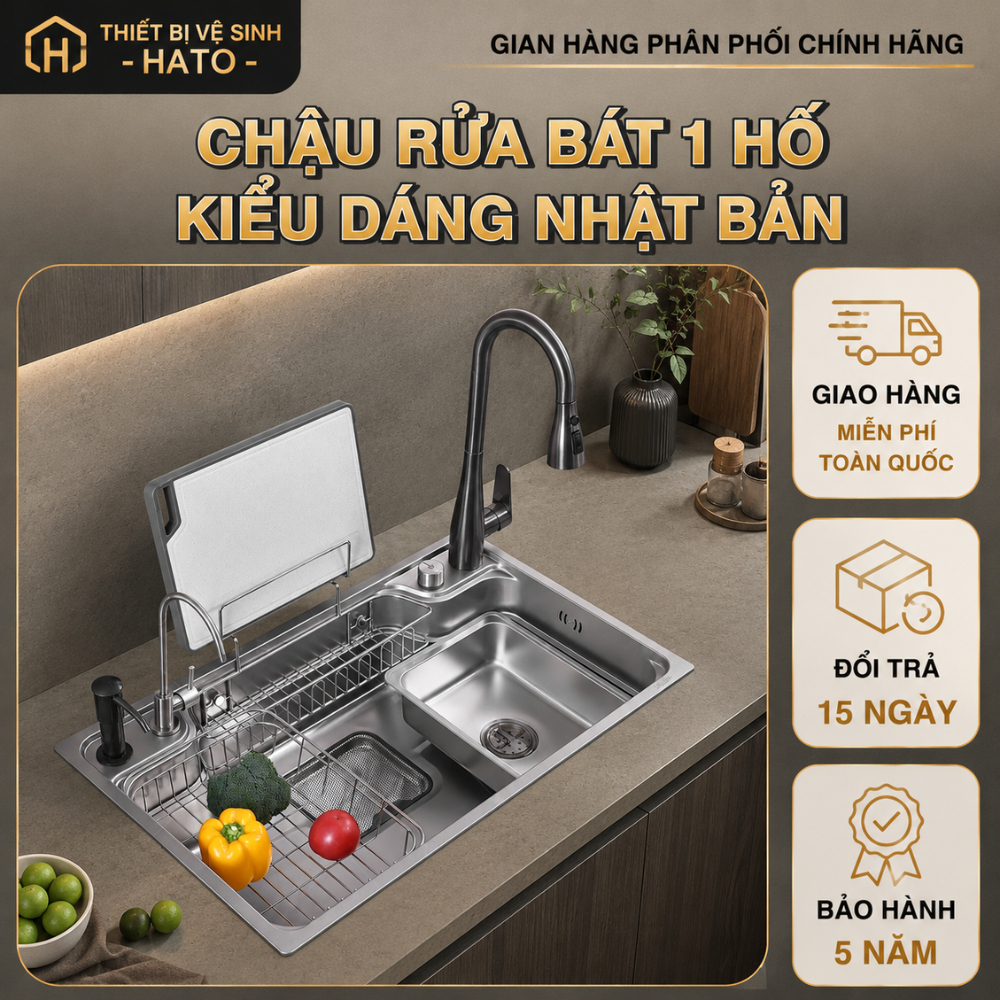 Chậu Rửa Bát 1 Hố Hato SUS Inox304 Bán Nguyệt Kiểu Dáng Nhật Bản, Bồn Rửa Chén 1 Ngăn Lớn Bảo Hành 5