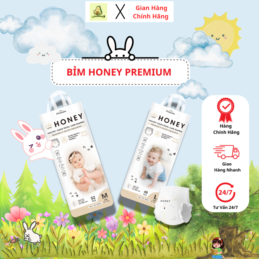Tã/Bỉm Honey Premium mỏng nhẹ, thấm hút tốt, đủ size từ NB-4XL