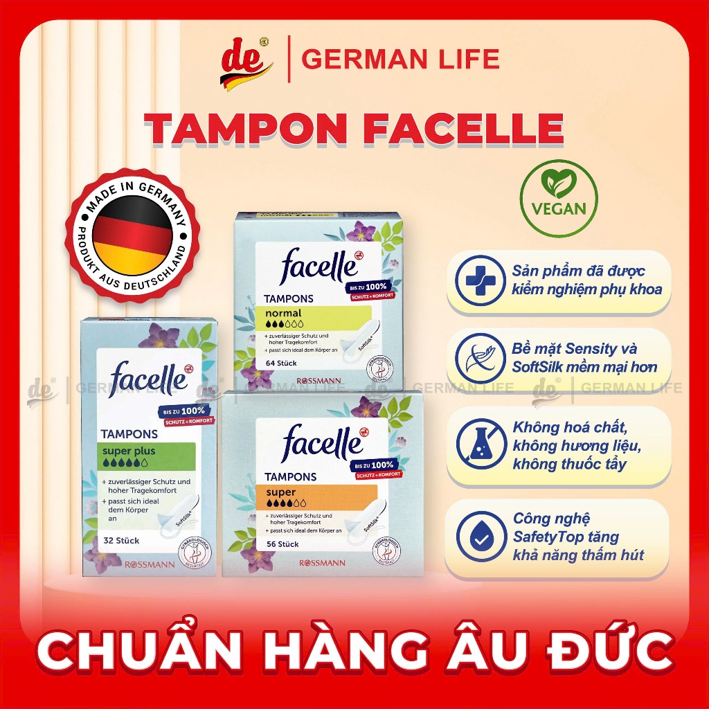 [Chuẩn Đức] Tampon Facelle SilkFeel 16/32/56 Chiếc, Đủ Size 2-6 Giọt, Lớp Lụa Mềm Mịn, Dễ Dùng