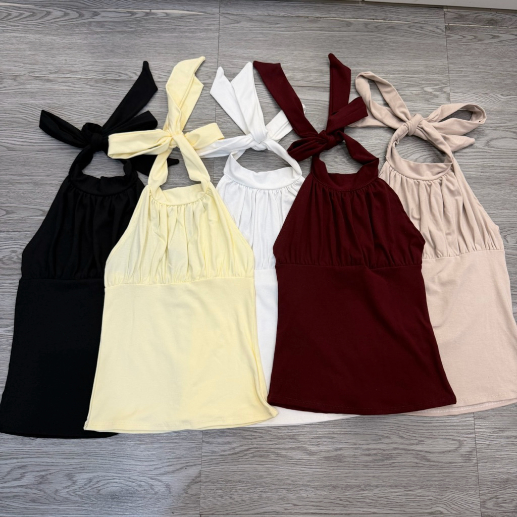 Áo Thun Cổ Yếm Nhún Ngực Xếp Li Thắt Nơ thời trang tiểu thư ôm body cho Nữ A56 | BigBuy360 - bigbuy360.vn