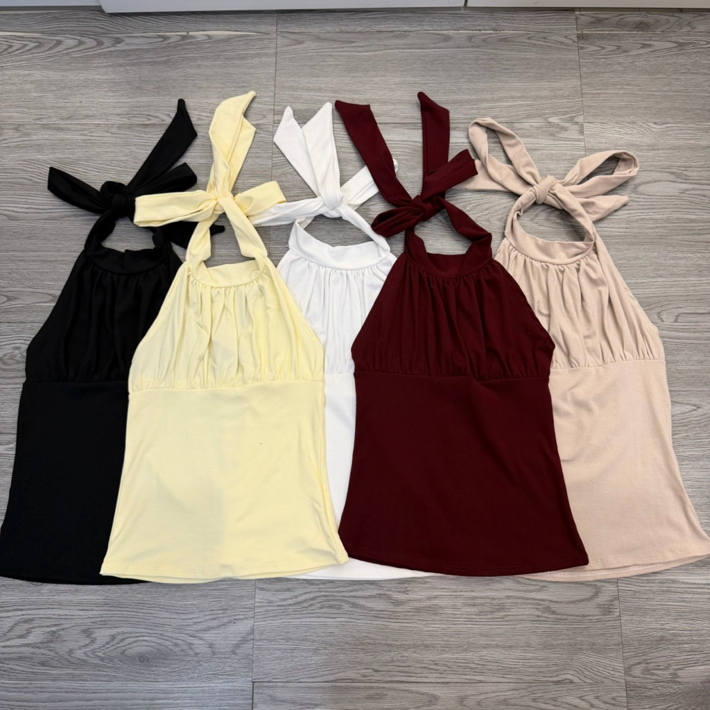 Áo Thun Cổ Yếm Nhún Ngực Xếp Li Thắt Nơ thời trang tiểu thư ôm body cho Nữ A56 | BigBuy360 - bigbuy360.vn