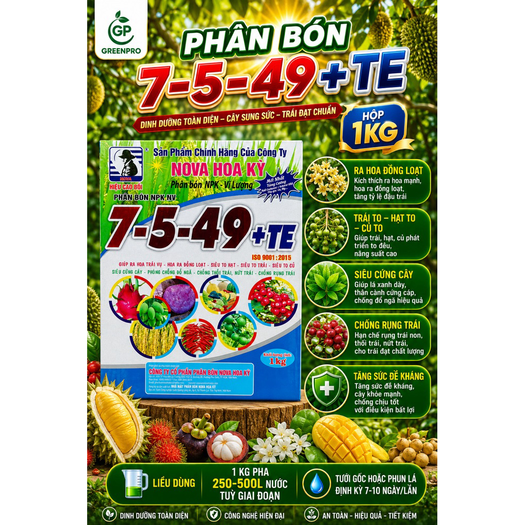 PHÂN BÓN LÁ 7-5-49 +TE NOVA HOA KỲ CAO BỒI MỸ HỘP 1KG