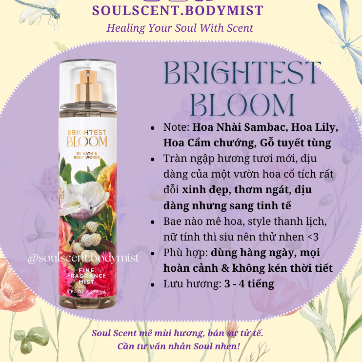 BRIGHTEST BLOOM Body mist xịt thơm nước hoa toàn thân Bath and Body Works hoa nhài | Soul Scent Bill