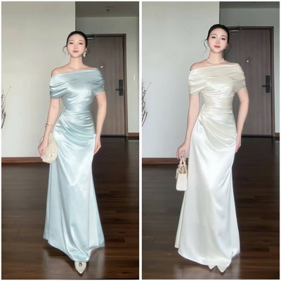 Satin Dress Wonderhouse Đầm lụa thiết kế dáng dài trễ vai tay cánh tiên dự tiệc sang trong và nữ tính