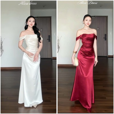 Alisa Dress Wonderhouse Đầm lua thiết kế xếp ly phần tay trễ vai dáng dài dự tiệc sang trọng