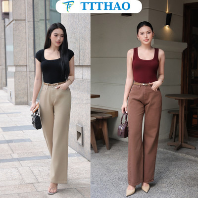 Quần jeans nữ TTTHAO ống rộng dài 102cm cao cấp  lưng cao 100% jeans cotton không co giãn J24
