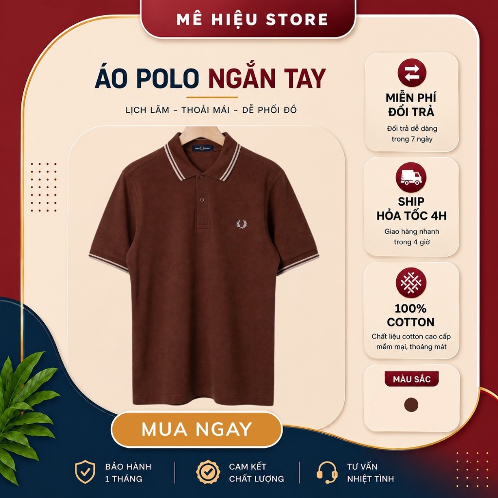 Áo Polo Fred Perry Chính Hãng - Áo Polo Ngắn Tay Cổ Viền - Nâu Cổ Viền Trắng