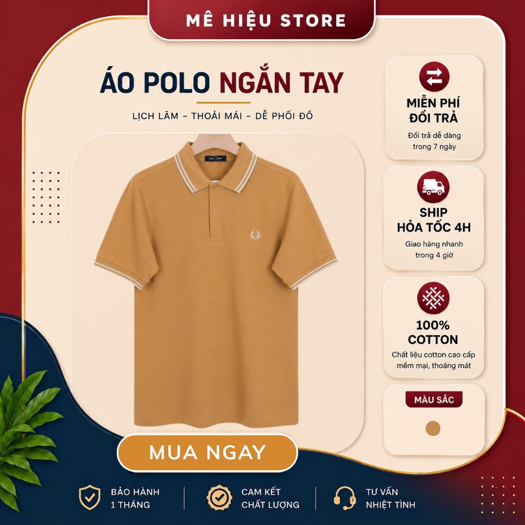 Áo Polo Fred Perry Chính Hãng - Áo Polo Ngắn Tay Cổ Viền - Vàng Cổ Viền Trắng