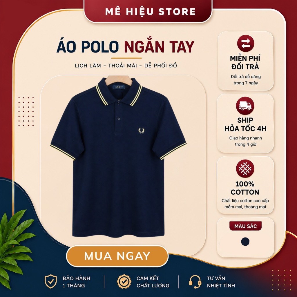 Áo Polo Fred Perry Chính Hãng - Áo Polo Ngắn Tay Cổ Viền - Xanh Navy Cổ Viền Vàng