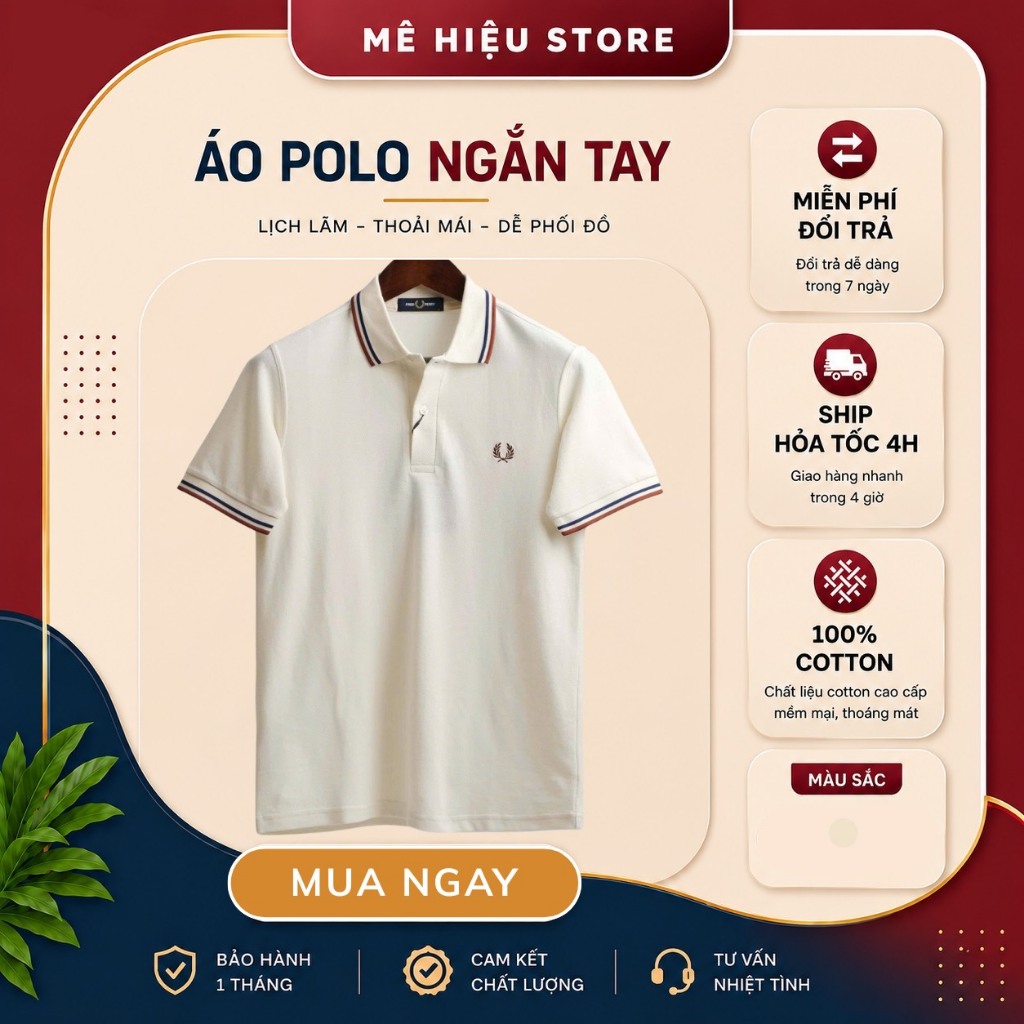 Áo Polo Fred Perry Chính Hãng - Áo Polo Ngắn Tay Cổ Viền - Kem/Be Cổ Viền Đỏ-Xanh
