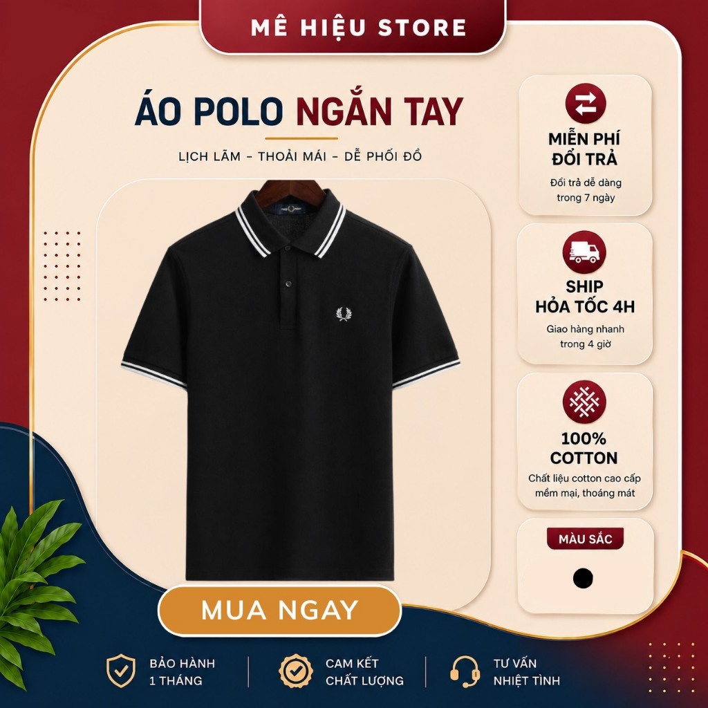 Áo Polo Fred Perry Chính Hãng - Áo Polo Ngắn Tay Cổ Viền - Đen Cổ Viền Trắng