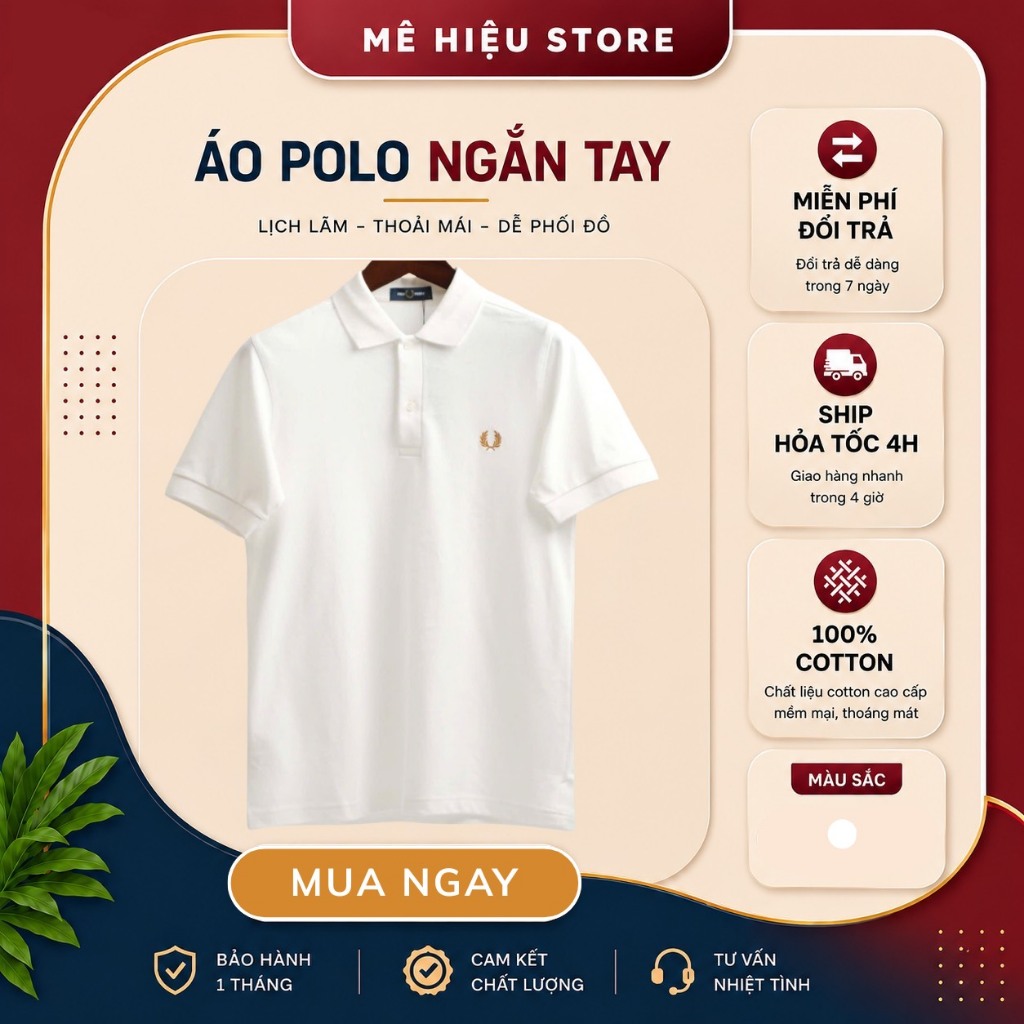 Áo Polo Fred Perry Chính Hãng - Áo Polo Ngắn Tay Trơn - Màu Trắng