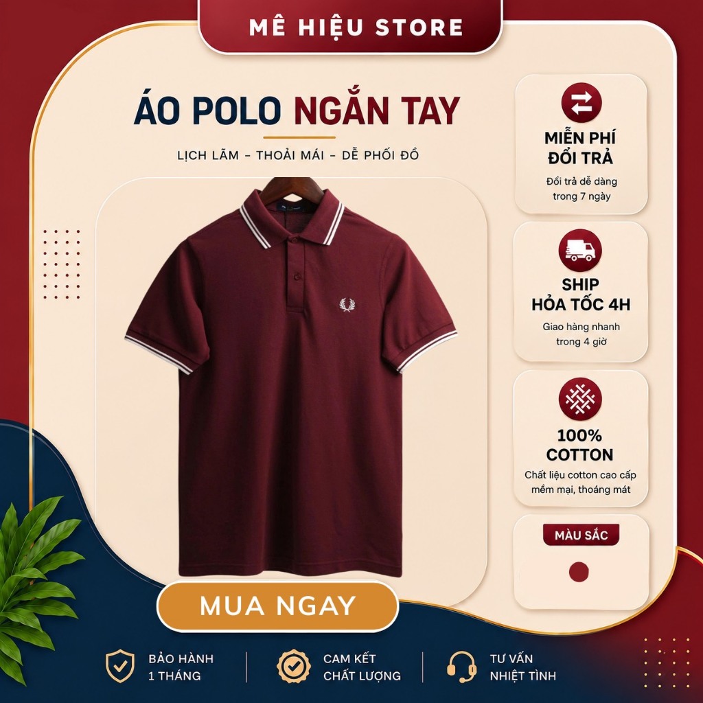 Áo Polo Fred Perry Chính Hãng - Áo Polo Ngắn Tay Cổ Viền - Đỏ Cổ Viền Trắng