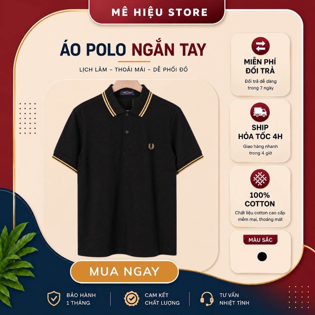 Áo Polo Fred Perry Chính Hãng - Áo Polo Ngắn Tay Cổ Viền - Đen Cổ Viền Vàng