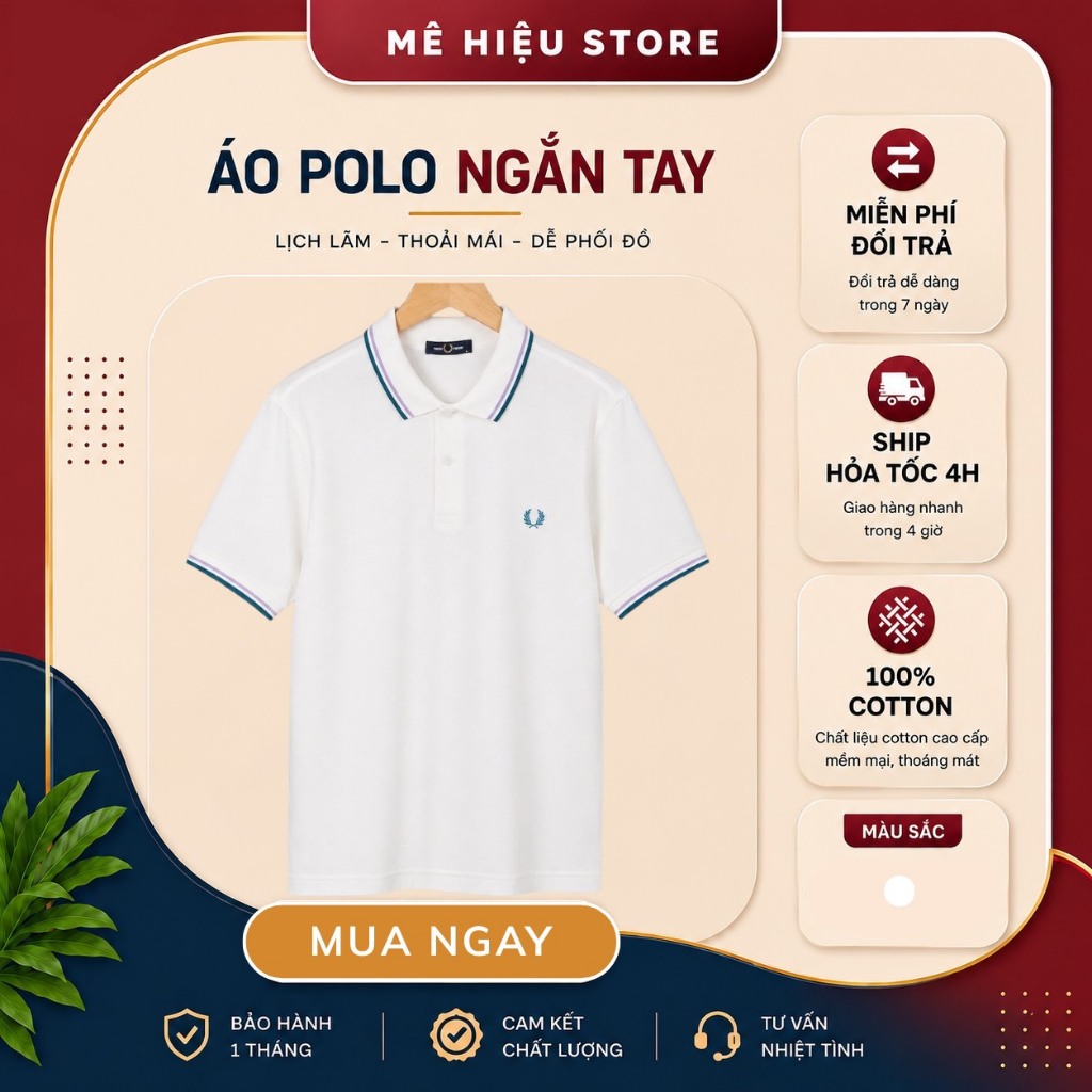 Áo Polo Fred Perry Chính Hãng - Áo Polo Ngắn Tay Cổ Viền - Trắng Cổ Viền Xanh-Tím