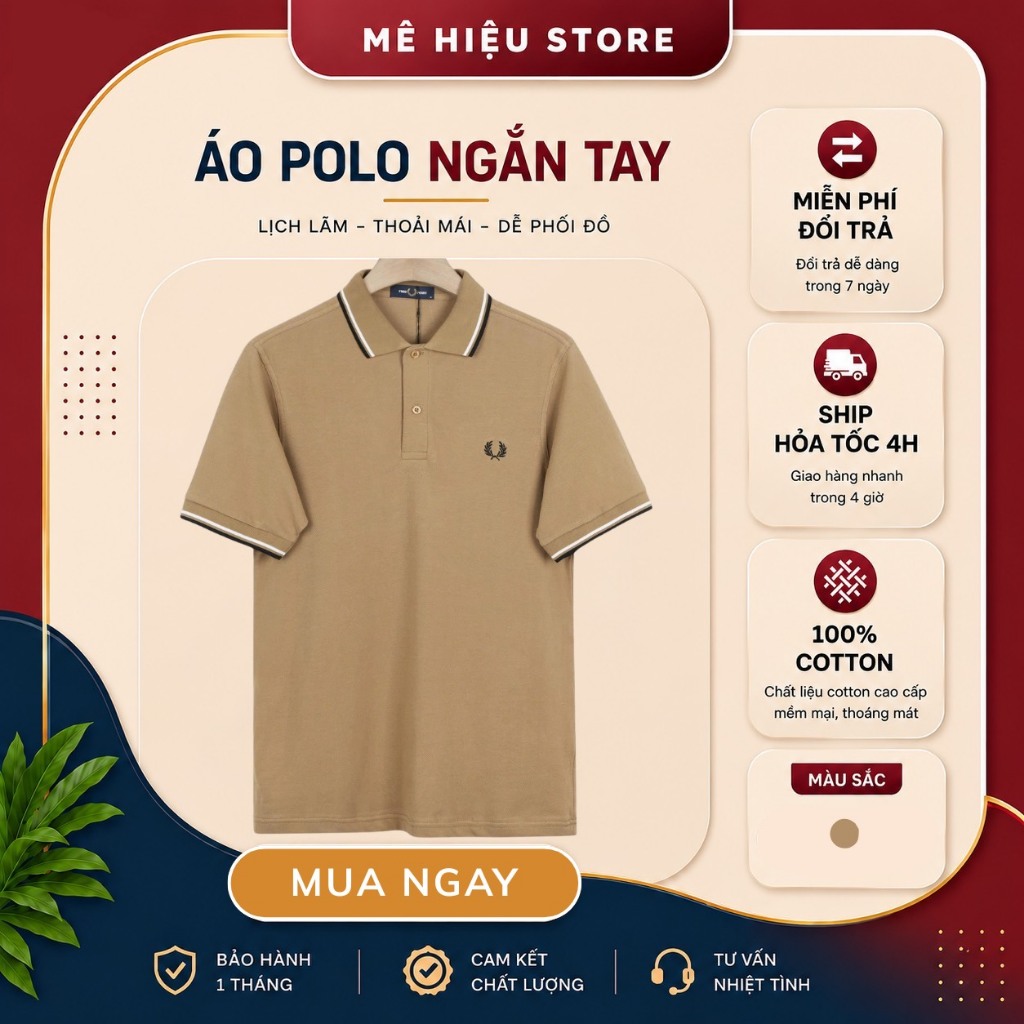 Áo Polo Fred Perry Chính Hãng - Áo Polo Ngắn Tay Cổ Viền - Vàng Cổ Viền Trắng-Đen