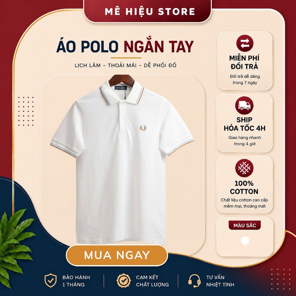 Áo Polo Fred Perry Chính Hãng - Áo Polo Ngắn Tay Cổ Viền - Trắng Cổ Viền Xanh-Nâu