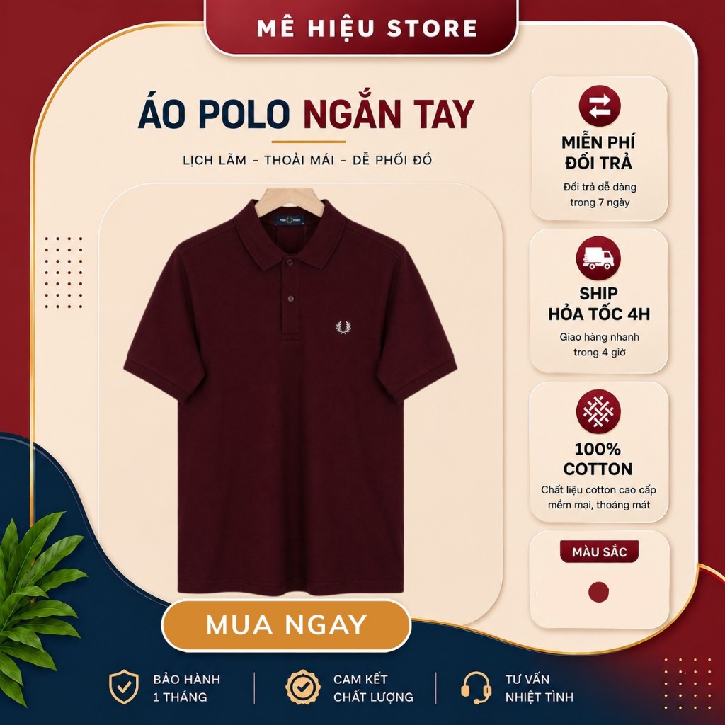 Áo Polo Fred Perry Chính Hãng - Áo Polo Ngắn Tay Trơn - Màu Đỏ Rượu