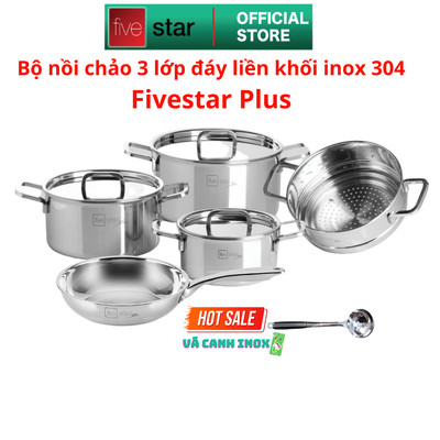 Bộ Nồi Inox 304 Cao Cấp Fivestar Plus PB4005 - 3 Lớp Đúc Liền Khối, Nắp Inox , Dùng Bếp Từ